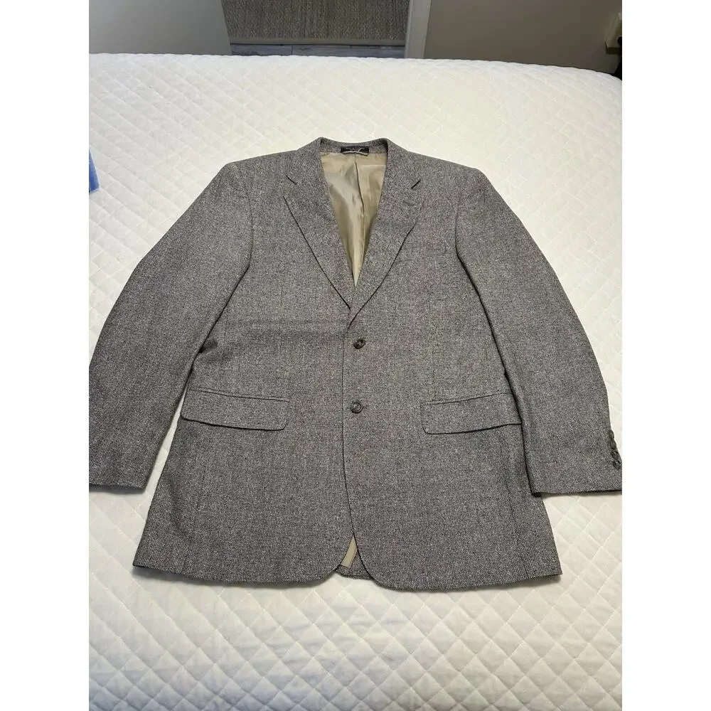 Meeting Street Mens 42L 100% Silk‎ Blazer Gray Tan Tweed Sports Coat Work Jacket